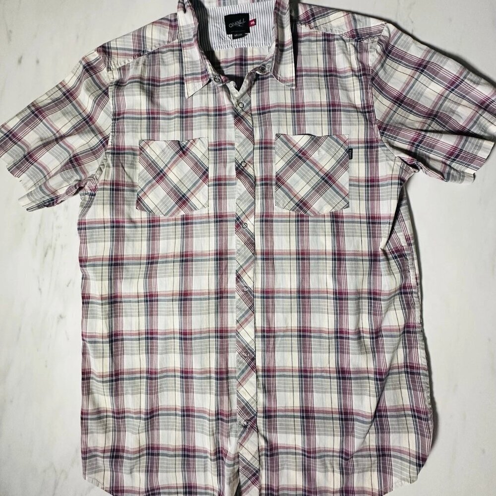 O'Neill Men's Short Sleeve Plaid Button-Down Shirt - White, Burgundy, Gray